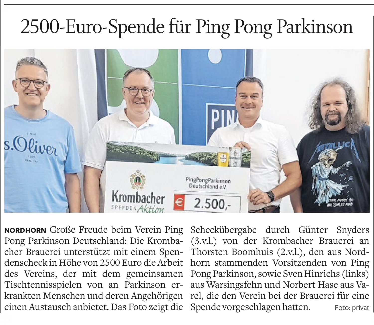 2500-Euro-Spende für Ping Pong Parkinson
