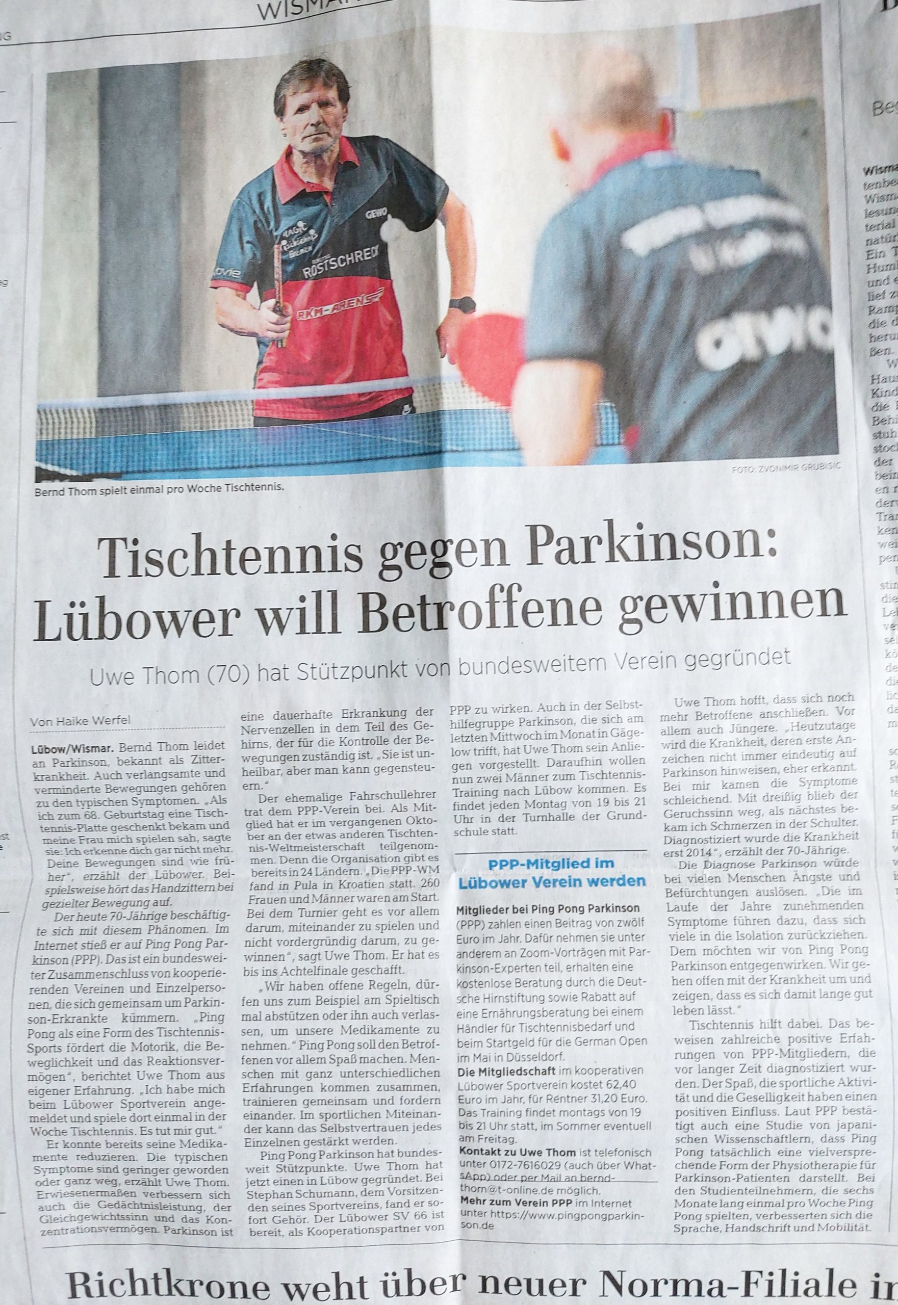 Tischtennis gegen Parkinson: Lübower will Betroffene gewinnen