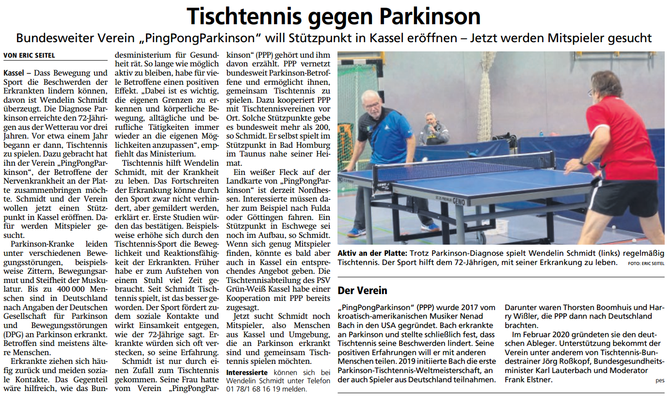 Bundesweiter Verein  “PingPongParkinson” will Stützpunkt in Kassel eröffnen