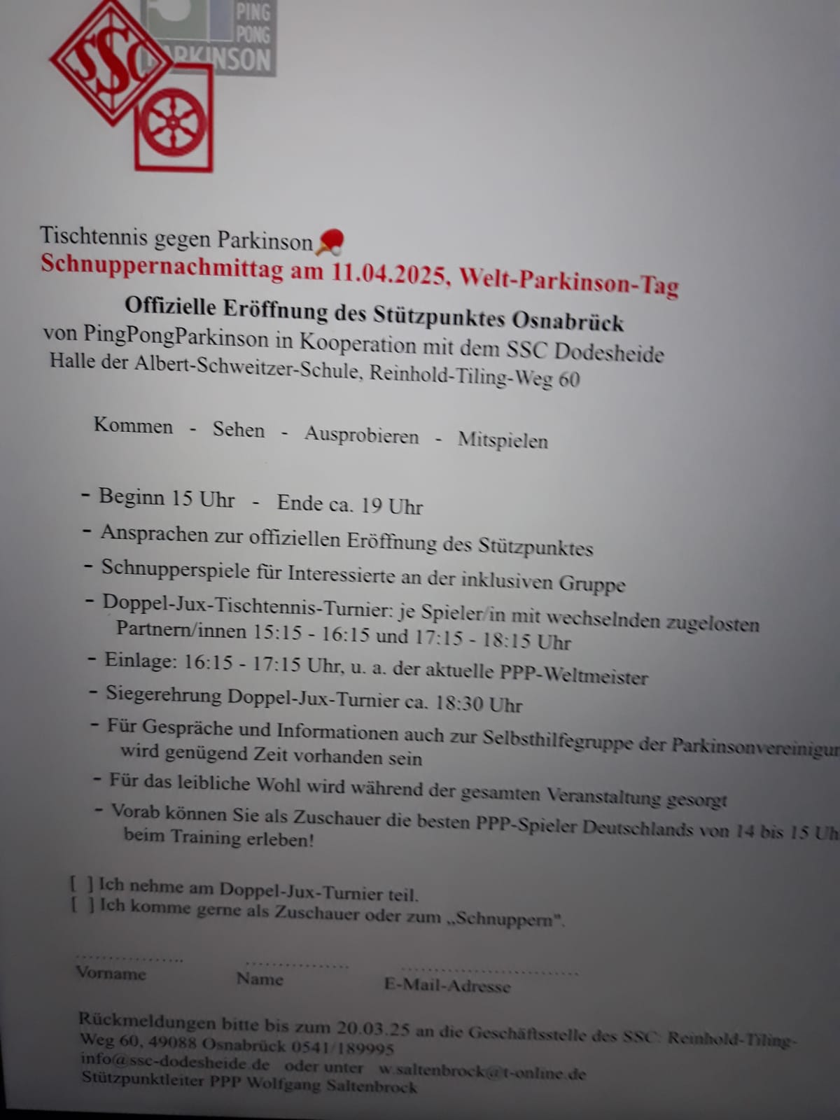 Schnuppernachmittag am Stützpunkt Osnabrück zum Weltparkinsontag am 11. April 2025