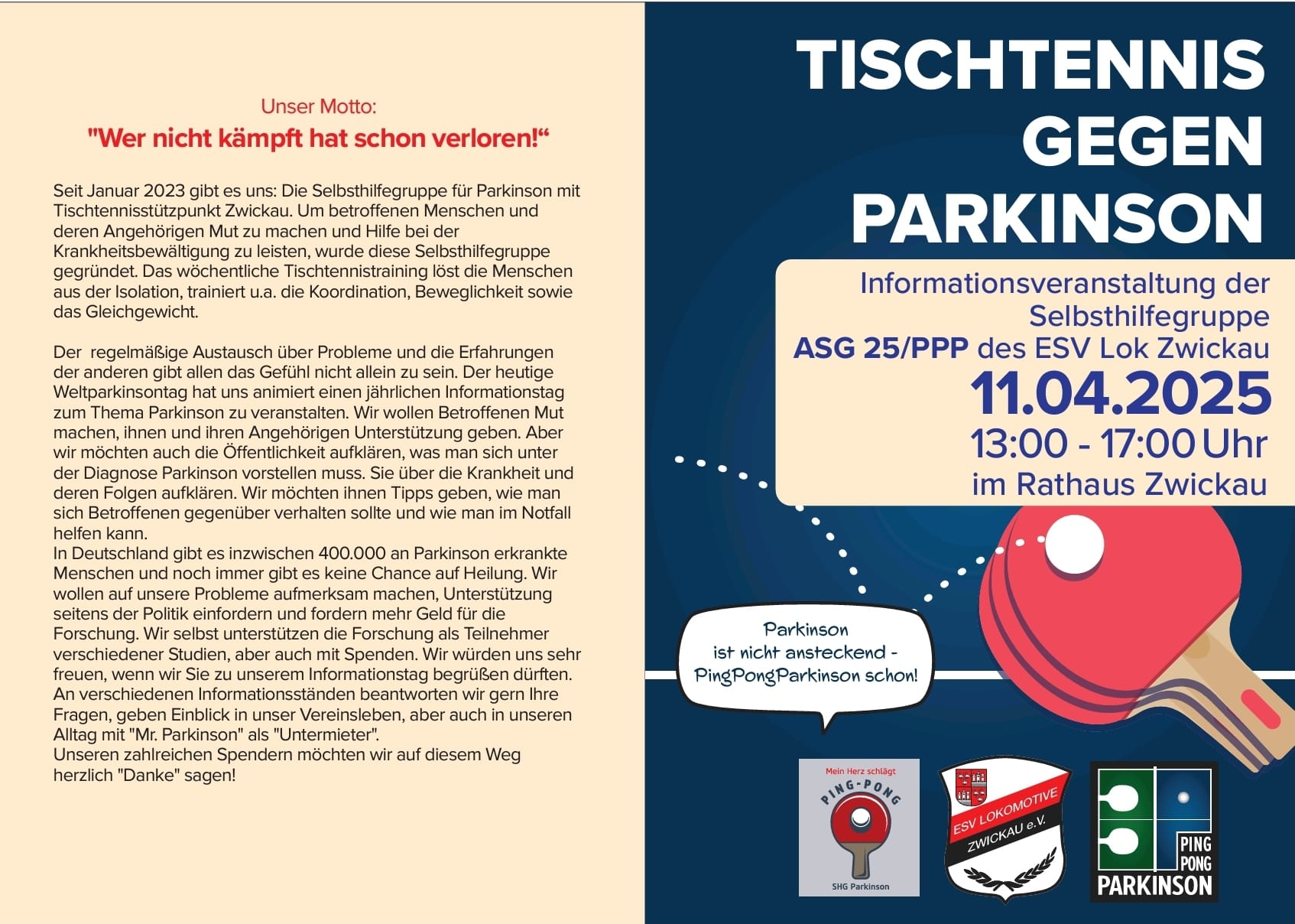 Informationsveranstaltung der SHG ASG 25/PPP am 11. April 2025 (Weltparkinsontag )